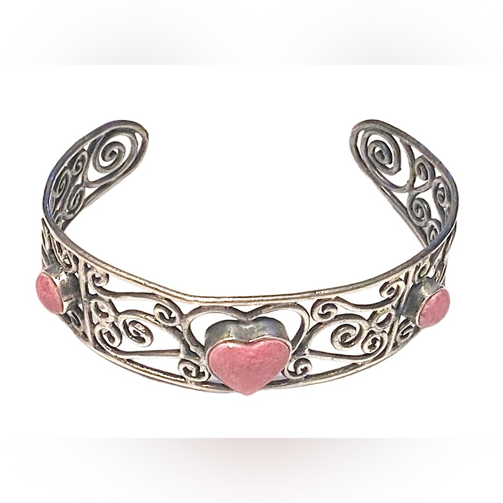 Vintage Sterling Silver HEART Rhodonite Stone Bracelet 925 - Picture 2 of 3